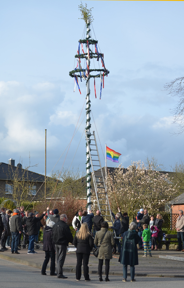Maibaum und Regenbogenflagge